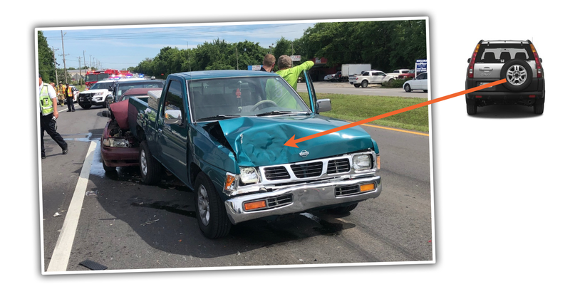 Illustration for article titled Wildly Improbable Nissan-on-Nissan-on-Nissan Wreck Reveals Universe to Be a Simulation